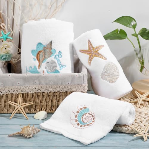 S For Bathroom Cotton Embroidered 1 Bath Towel 1 Hand Towel And 1 Wash Cloth Absorbent Bath Sheets For Bathroom Decor(white,shells)