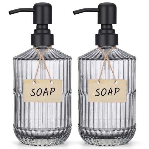 Segbeauty Dispensador Jabon Cocina Cristal, 2 Piezas 450ml Dispensador Jabon Baño Cristal, con Bomba de Acero Inoxidable, para Detergente, Champú (Gris)