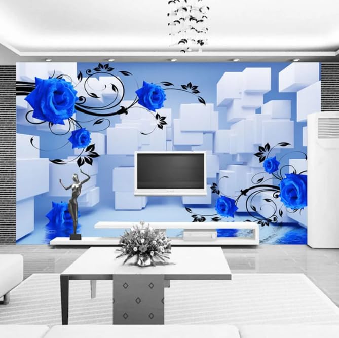 Papier peint 3D relief bleu fleur pour masquer un mur nu et donner du volume - 4