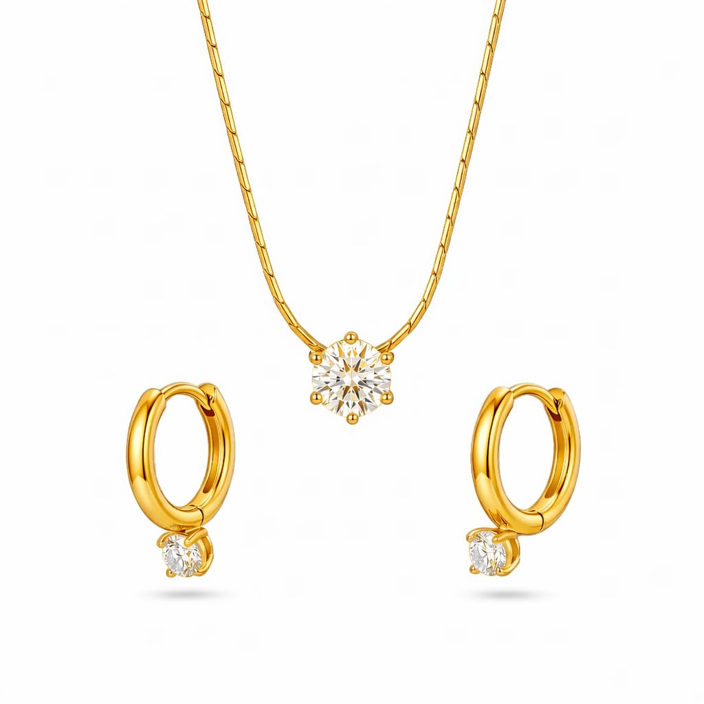 Golden Tone Anti Tarnish Solitaire Pendant Necklace with Hoop Drop Earrings Set for Girls & Women | Minimal Elegant Jewellery for Office Wear, Party & Gifting | Lightweight Korean Style-image-26
