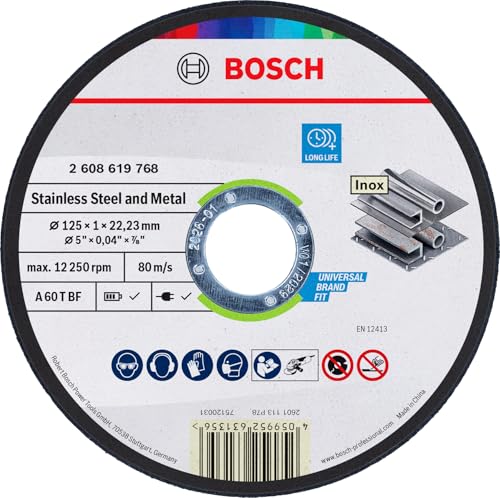 Bosch 1x Stainless Steel and Metal Trennscheibe Long Life Bohrung 22 23 mm (für Edelstahl Stahl Ø 125 mm Professional Zubehör Kleiner Winkelschleifer)
