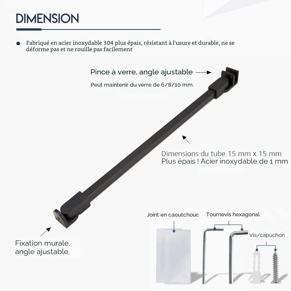 Bras de support mural en acier inoxydable pour verre de douche fixe sans cadre M-Home noir mat pour verre de 6 mm à 10 mm