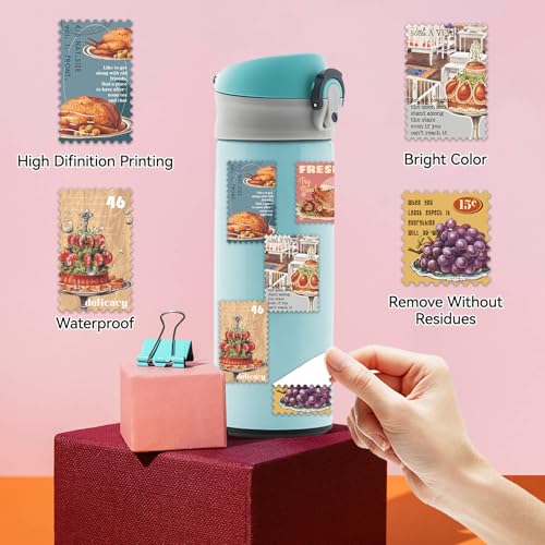 Image of Vintage Aesthetic Food Postage Stamp Stickers for Adults - Classic Fruit Cake Grape Roast Chicken Waterproof Vinyl Stickers | Journal Planner Laptop Scrapbooking Food Stickers