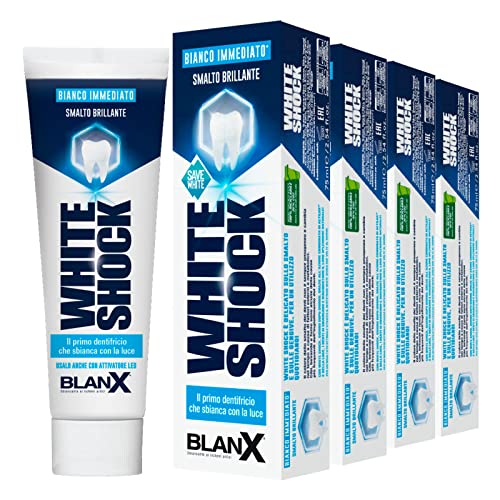 4x BlanX White Shock Dentifricio Sbiancante Denti Delicato su Gengive e Smalto con Tecnologia ActiluX - 4 Flaconi da 75ml