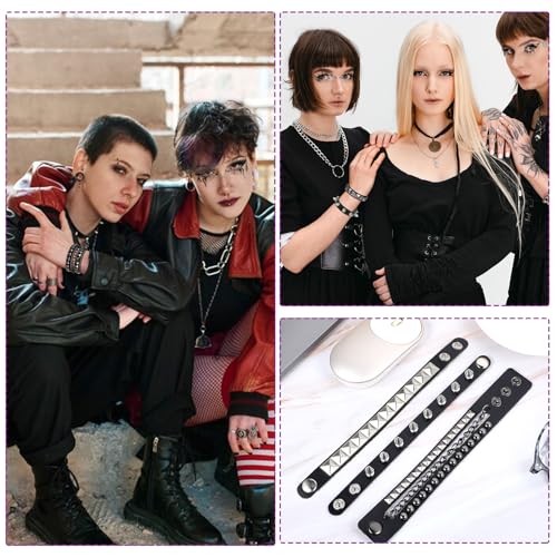 3 Pcs Punk Bracelets, Leather Studded Bracelet Cuff Adjustable Goth Bracelets Spike Bracelet Emo Bracelets for Men Women 80s Wristband Goth Jewelry Halloween Emo Accessories (Style B)4