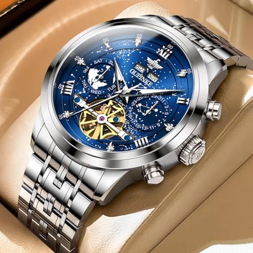 Image of OUPINKE Watch for Men Skeleton Self Winding Mechanical Automatic Luxury Dress Black Wrist Watch Waterproof Luminous Tungsten Sapphire Crystal