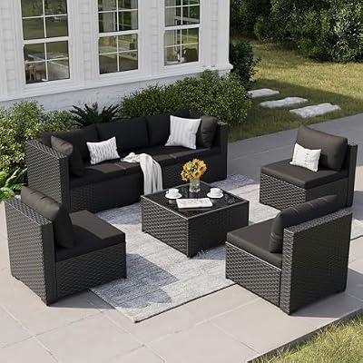VONZOY Patio Furniture Set, 7-Piece Outdoor Sectional All-Weather Wicker Patio Conversation Set for Backyard, Poolside, Garden, Black