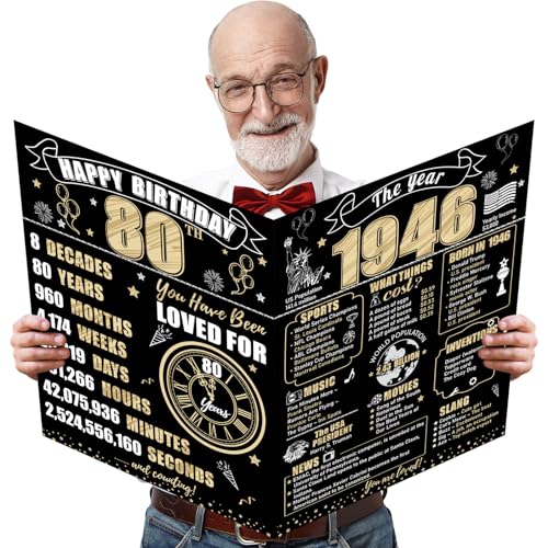 Turypaty Large 80th Birthday Card With Envelope for Men Women, 1946 Black Gold Happy 80th...