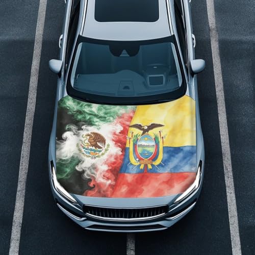 Image of Car Hood Cover Mexican Flag and Ecuador Flag Car Hood Protector Waterproof Universal Automotive Exterior Accessories Patriotic Decorations for Compact Vehicles Sedans Trucks SUVs Pickup