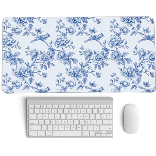 Image of Navy Blue Chinoiserie Mouse Pad,Vintage Blue and White Floral Desk Mat,XL Large Flowers and Birds Preppy Mouse Pad,Girly Laptop Desk Mat for Dorm Home Office,23.6x11.8 Inch