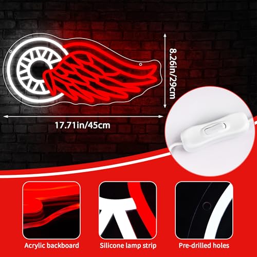 Image of Ice Hockey Neon Sign for Wall Decor Wings LED Light Up Sign Hockey Wall Decor Sport Neon Lights for Club Bedroom Man Cave Bar Garage Sports Gifts for Men Teen Boys Fans,Size 17.7*8.3 inches(FMXD104)