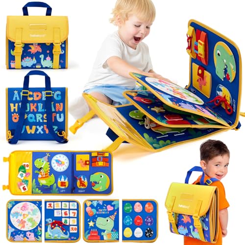 hahaland Montessori Busy Board for Children of 3+ Years Old, Activity Sensory Book Offers Preschool Educational Skill Learning, Quiet Travel Toys for Plane Car, Birthday Gifts for Girls - Dinosaur