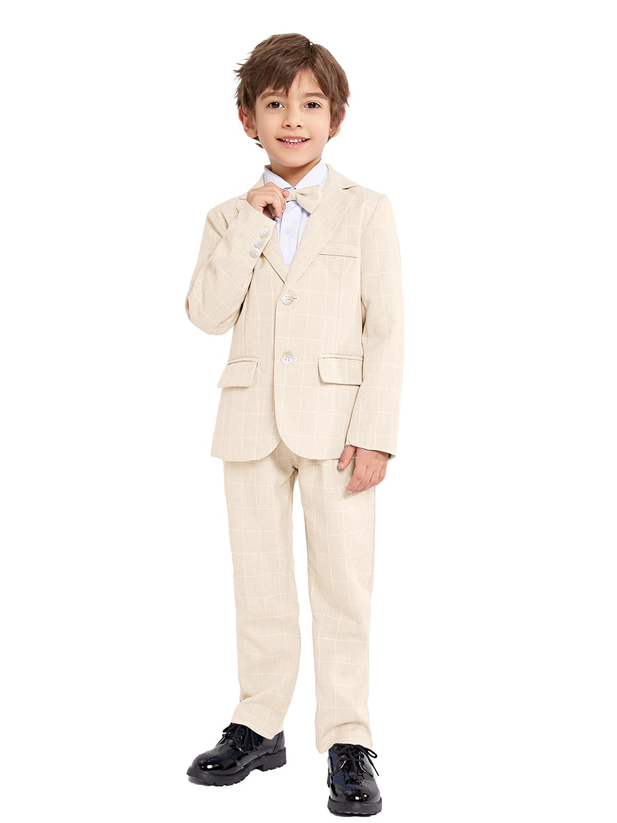 LOLANTA 3-teiliges Jungen Plaid Anzug Set, Eleganter Blazer für Hochzeits-Abschlussball, Formelle Kleidung Jacken-Hose-Fliege Set