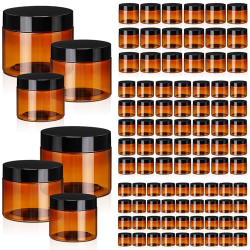 Image of Tanlade 100 Pcs 8 /4 /2 oz Amber Plastic Cosmetic Jars with Lids Empty Leak Proof Container Refillable Cosmetic Jars Airtight for Cream, Lotion, Powder, Ointment, Beauty Products Travel Storage (Round)