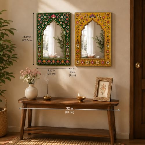 Image of American Elm Pack of 2 Jharokha Mirror Wall Decor for Home Decor Living Room Indian Floral Arch Acrylic Mirror Wall Hanging