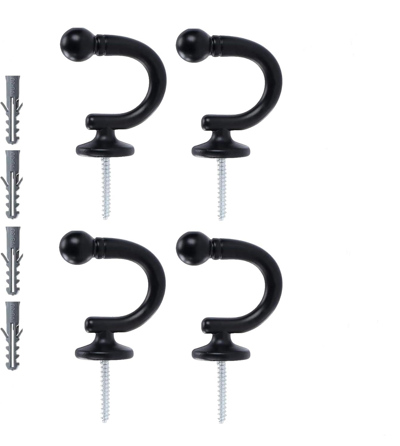 Curtain Tie Backs Hooks 4PCS Heavy Duty - Black Metal Holdbacks for Curtains, Screw in Hook for Tie Backs, Zinc Alloy Fabric-Friendly Ball End Hangers for Window Drapes, Clothes, Hat, Kitchen Towel