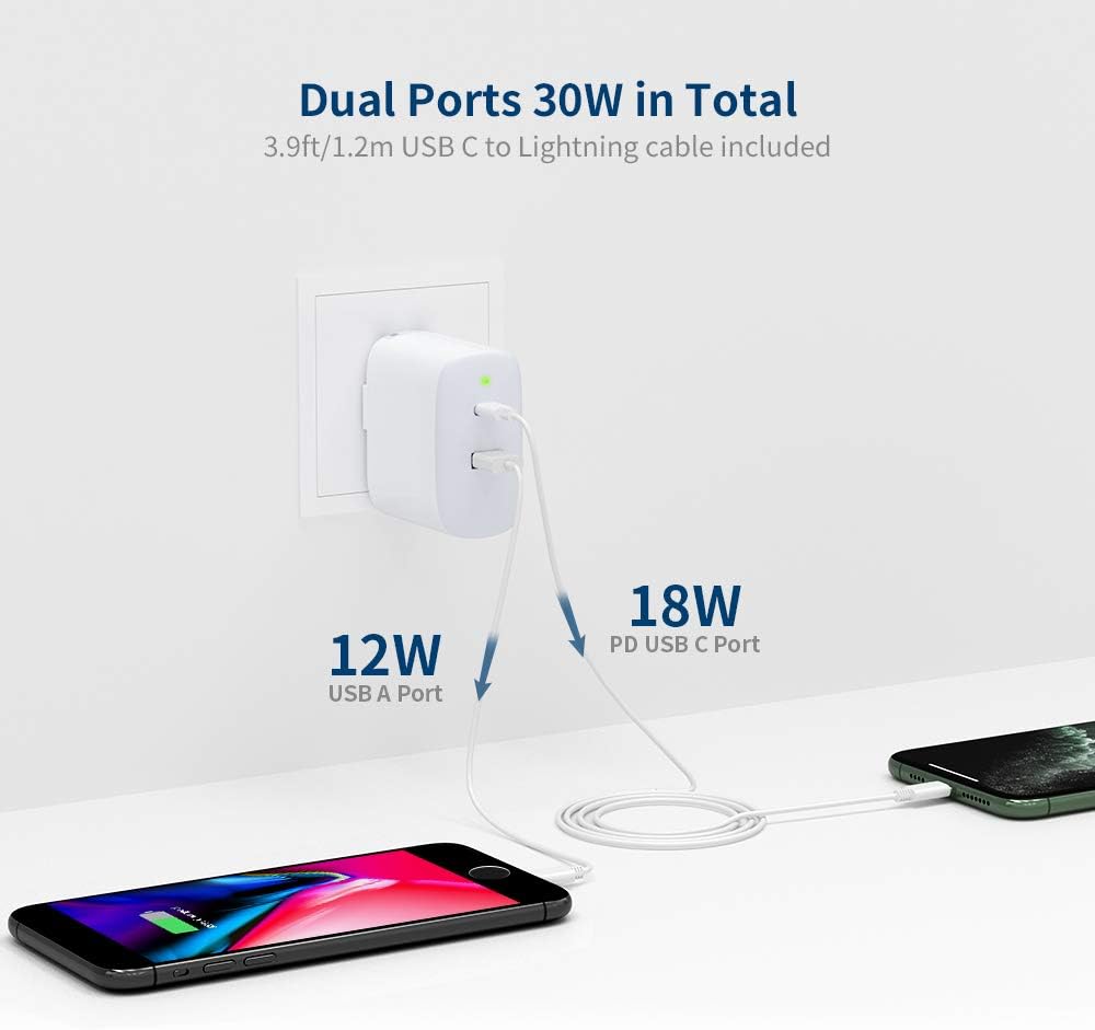 Buy 2 get 3 Fast Charger for iPhone [MFi Certified], 30W 2-Port Foldable Charger with 18W USB C Power Adapter for New iPhone 12/12 Mini/12 Pro Max/11 Pro Max/8 Plus iPad Pro AirPods [with 3.9ft C to L Cable]
