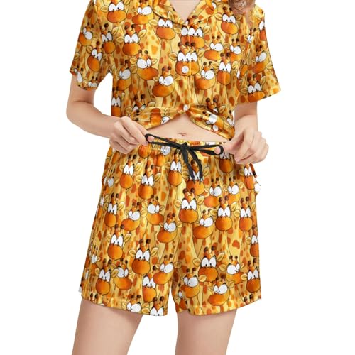 Image of Silk Satin Pajama Set for Women Summer Lounge Pjs Sets 2 Piece Suit Ladies Button Down Tops And Shorts Sleepwear