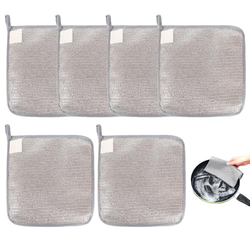 VEGCOO 6 Pcs Paños de Limpieza Tres Capas, Paños de Cocina Alambre Reutilizables para Limpieza Profunda, Estropajo Aluminio Multiusos Sin Rayar para Cocina, Platos, Fregaderos y Placas de Cocina(6)