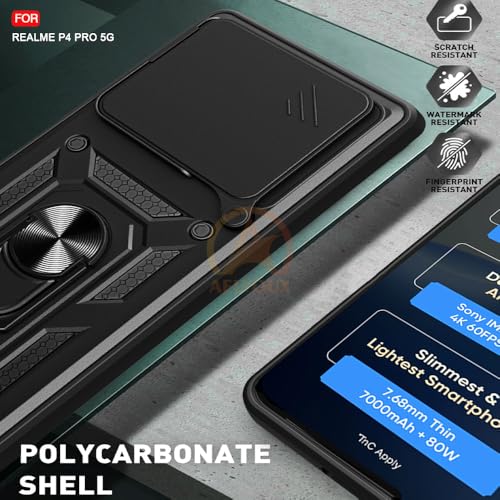 Image of Armor Bumper Back Cover Case for Realme P4 5G Pro Rotating Camera Cover, Ring Holder & Kickstand | Heavy Duty & 360 Degree Protection Realme P4 5G Pro Back Cover (Black)