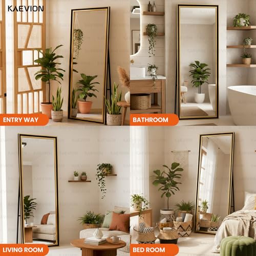 Image of Full Length Chavel Mirror, 5.25 Feet Standing, Leaning, Wall-Mounted or Floor Mirror with Black & Golden Frame, Rectangular 5MM HD Glass Mirror for Bedroom, Living Room or Home Dcor