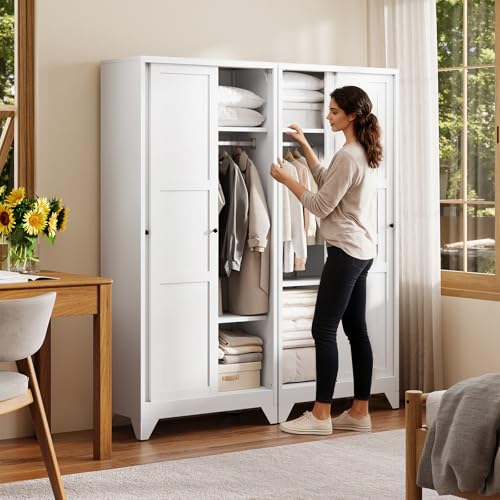 Image of Letaya Armoire Wardrobe Closet,20 inch Deep Armoire Wardrobe Cabinets with Sliding Doors and Shelves,Narrow Slim Coat Closet Cabinet with Hanging Rod for Home (White)