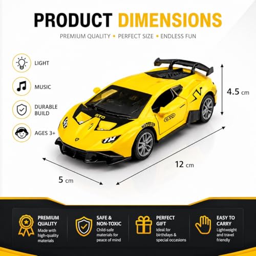 Image of Lamborghini Die-Cast Toy Car for Kids - 1:36 Scale Pull Back Metal Model Car with Openable Doors, LED Lights & Music | Alloy Mini Car for Boys Kids Collectors【Color As Per Stock】