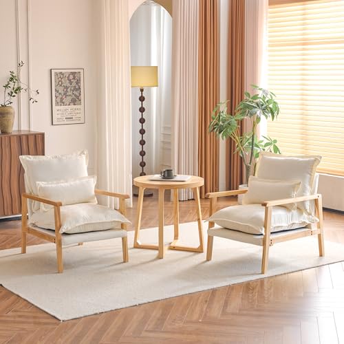 VINGLI Mid-Century Modern Cloud Accent Armchairs Set of 2 with Lumbar Pillow, 6.3'' Thick Seat Cushion Reading Chairs with Wooden Armrests, Boho Lounge Chair for Bedroom, Living Room, Chenille, Beige