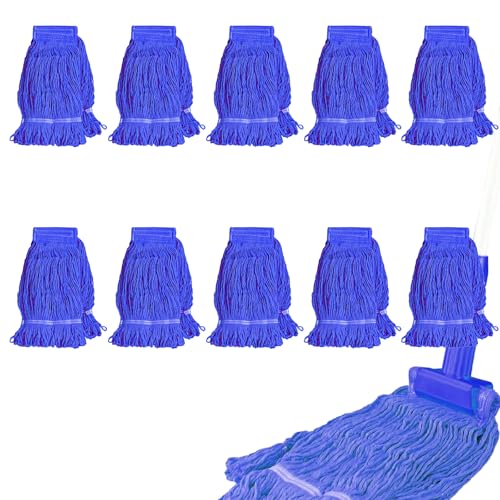Image of 10 Pack Commercial Mop Head Replacement, Heavy Duty Looped End Wet Mop Head Refills, Blue Cotton String Mop Heads for Industrial, Commercial, and Home Floor Cleaning