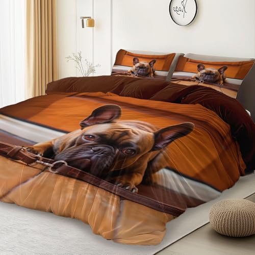 Rosso Scuro Set Lenzuola Letto Animale Bulldog Francese Tema Copripiumini 100% Microfibra con Cerniera Adulti 180 × 220 cm Copripiumino e 50x80cm Di Federe, Set 3 Pezzi (Anallergico)
