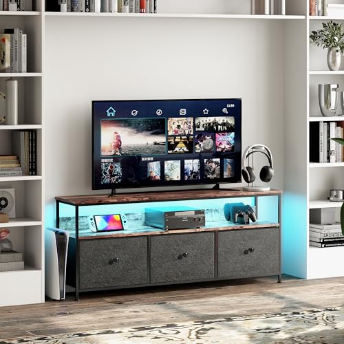 DAHUEN Mueble para TV con luces LED, 108 × 30 × 57 cm, mesa para televisión con 3 cajones, 3 compartimentos abiertos, mueble bajo para TV con estante de cristal ajustable, soporte para salón