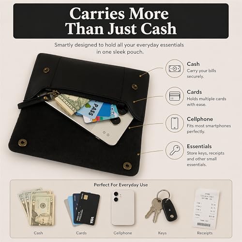 Image of Leather Currency Pouch - Handmade Cash Organizer with Double Button Closure & Zipper Pocket, Compact Money Holder for Travel & Everyday Use, 4 x 8 Inch (Black)