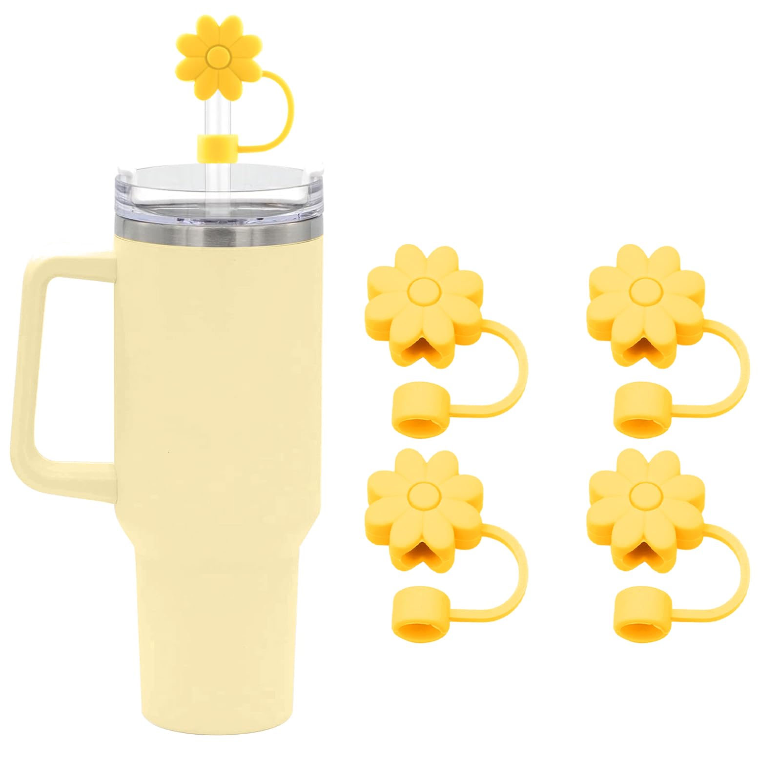 Yellow Straw Covers 4 PCS Straw Toppers for Stanley | Silicone , Flower Straw Caps, Reusable Straws Tips Protectors, 10mm 0.4in Straws