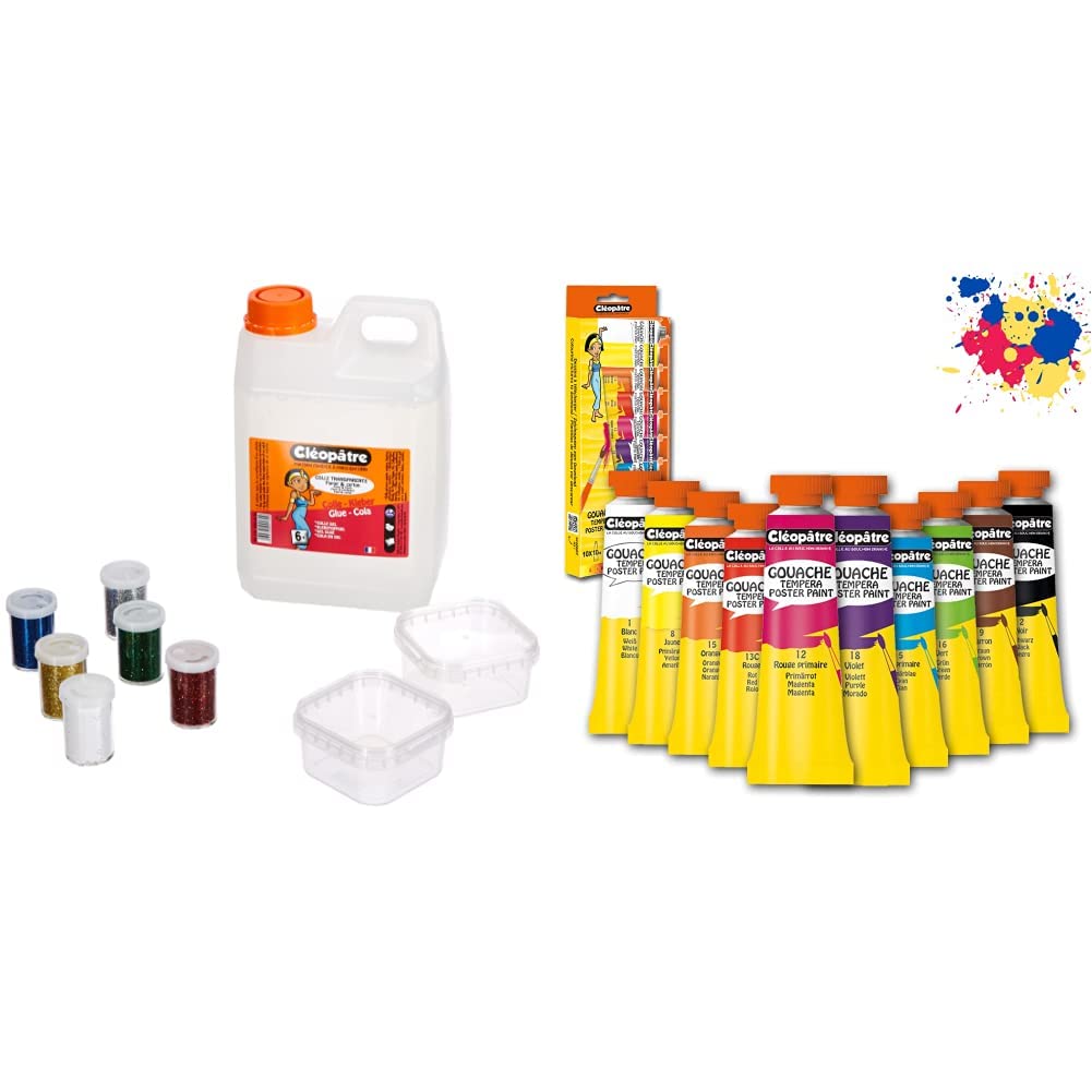 Cléopâtre CT2L-PAILL2 - Lote de 2 kg de pegamento transparente + 6 tubos de lentejuelas + cajas de almacenamiento + Gouaches en Tube Pintura, Multicolor, 10 Unidad (Paquete de 1), 100