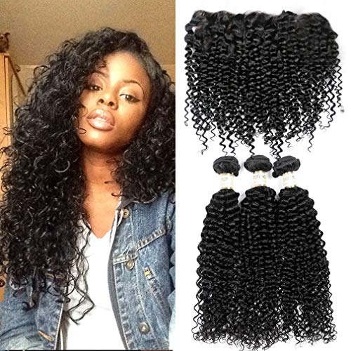 Goldfinch Kinky Curly Bundles with Frontal Brazilian Virgin Curly Human Hair Bundles with Frontal Free Part 13x4 Ear to Ear Lace Frontal with Bundles 18 20 22 + 18