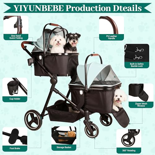 Image of Foldable Double Pet Stroller for 2 Small Medium Cats Dogs | Convertible single /double | Detachable carriers | All-terrain wheels & shock | Safety brakes & tether | Breathable oxford