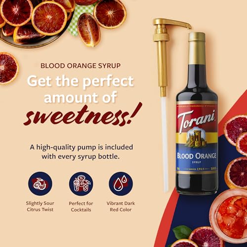 Image of Torani Blood Orange Syrup for Drinks, Flavoring for Iced Tea, Lemonade, Sodas, and Cocktails, Glass Bottle with Pump Included, 25.4 Fl Oz