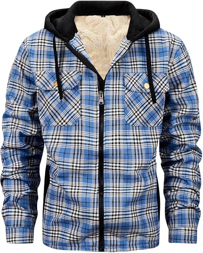 Men's Winter Fleece Warm Thick Plaid Jackets Heavyweight Cotton Hoodies Flannel Hooded Shirt Jacket