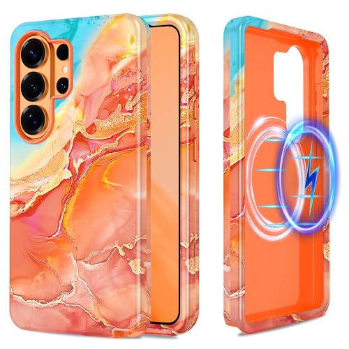 Casetego for Galaxy S26 Ultra Case,Compatible with MagSafe,[Military Grade Drop Test] Full Body Protection Slim Shockproof Rugged Marble Women Case for Samsung Galaxy S26 Ultra 5G 6.9 inch,Gold/Orange - image 1