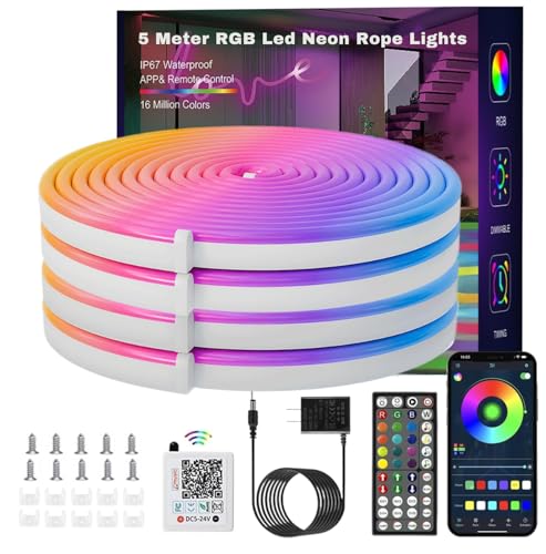 Image of Keepsmile 5 Meter Neon Light Strip - RGB Smart LED Rope Light with App & Remote, Waterproof Neon LED Strip Light for Room Decor, Gaming, Music Sync DIY Neon Sign Board (Rope)