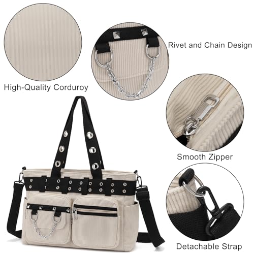 Image of Tote Bag for Women, Corduroy Gothic Purse Goth Bag with Zipper for College, Work, Travel, Gym
