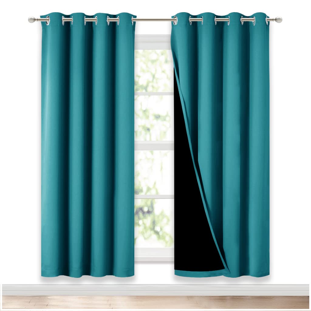 NICETOWN 100% Blackout Window Curtain Panels, Full Light Blocking Drapes with Black Liner for Nursery, 72-inch Drop Thermal Insulated Draperies (Peacock Teal, 2 Pieces, 52-inch Wide Per Panel)