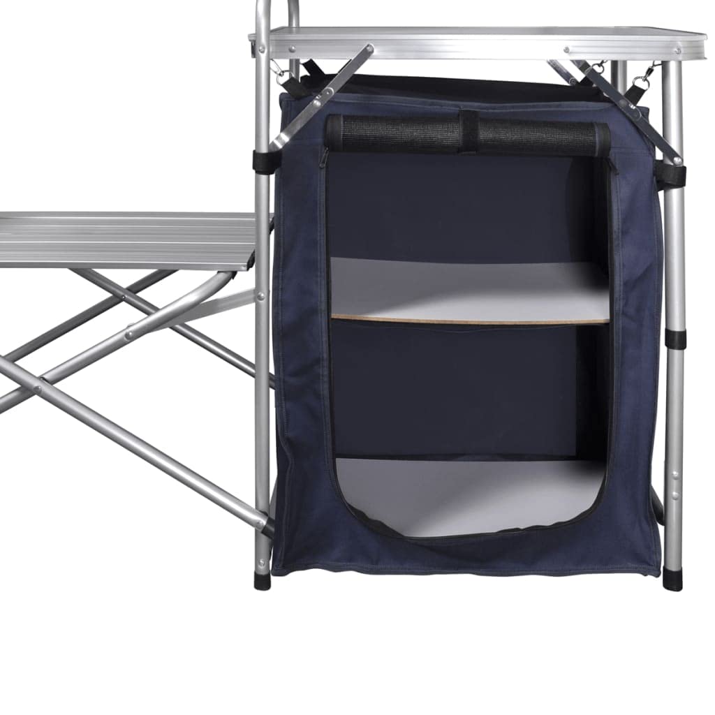 Campingküche klappbar mit Aluminium Windschutz, großer Arbeitsfläche und Schrank, leichte Faltbare Outdoor Küche mit 2 Einlegeböden, inklusive Transporttasche für Picknick, Camping