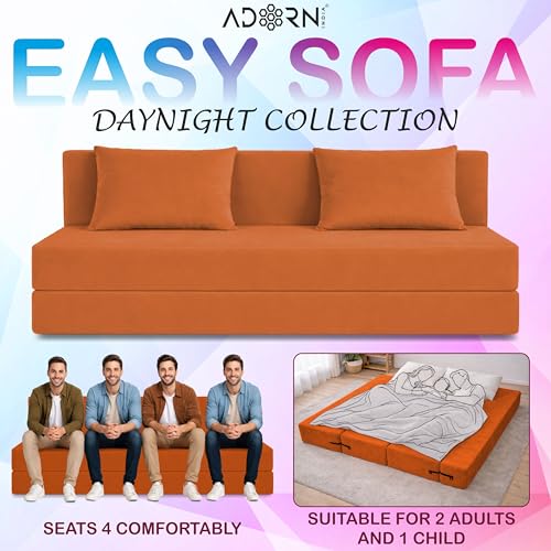 Image of Adorn India Easy 4 Seater Sofa Cum Bed | Velvet Fabric | Orange | Plain Design | 6x6 Ft | Comfortable Seating | Washable Cover | Perfect for Home & Office