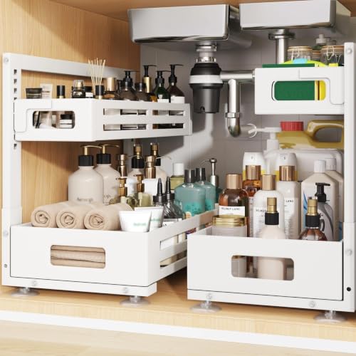 Image of 2 Pack 19IN-Depth Under Sink Organizer,Pull Out Cabinet Organizer With Smooth Cylindrical Rail,Metal Slide Out Drawer for Kitchen Bathroom Laundry,8-Level Tool Free Height Adjustable-White