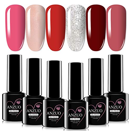 Gel Nail Polish Set, Pink Red Christams Series 6 Colors Gel Polish Kit Popular Nail Art Design Soak Off LED Lamp Nail Polish Gel Manicure Kit Gifts Set for Girls Women Professional DIY Home Use