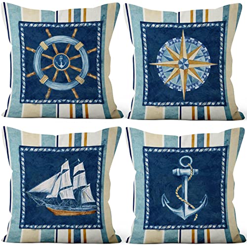 Aoihrraan 41x41cm Lot de 4 Nautique Voile Housse De Coussin Ancre Marin Gouvernail Boussole Voilier Bateau Imprimer Lin De Coussincarré Taie d'oreiller pour Chambre Salon Extérieur Jardin Sofa