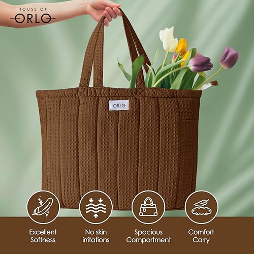Image of Premium Cotton Waffle Quilted Tote Bag, Large Spacious Handbag for College, Office, Work, Travel, Shopping & Daily Use