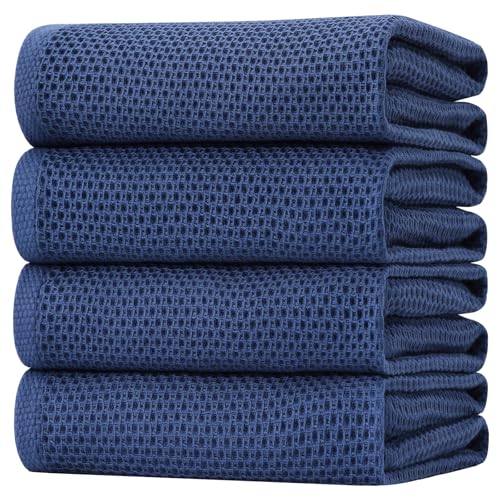Image of Homaxy 100% Cotton Oversized Waffle Weave Kitchen Dish Towels, Ultra Soft Absorbent Quick Drying Cleaning Towel, 20 x 28 Inches, 4-Pack, Navy Blue