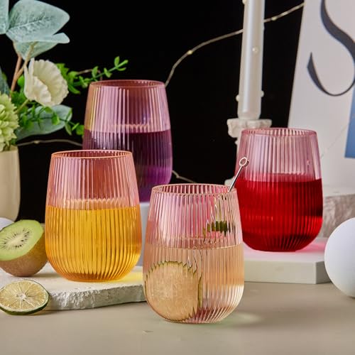 Image of Lueumxc 36 Pack 15Oz Pink Plastic Wine Glasses, Origami Ribbed Disposable Wine Glasses Unbreakable Clear Plastic Cocktail Glasses Recyclable Shatterproof Reusable Wine Cups